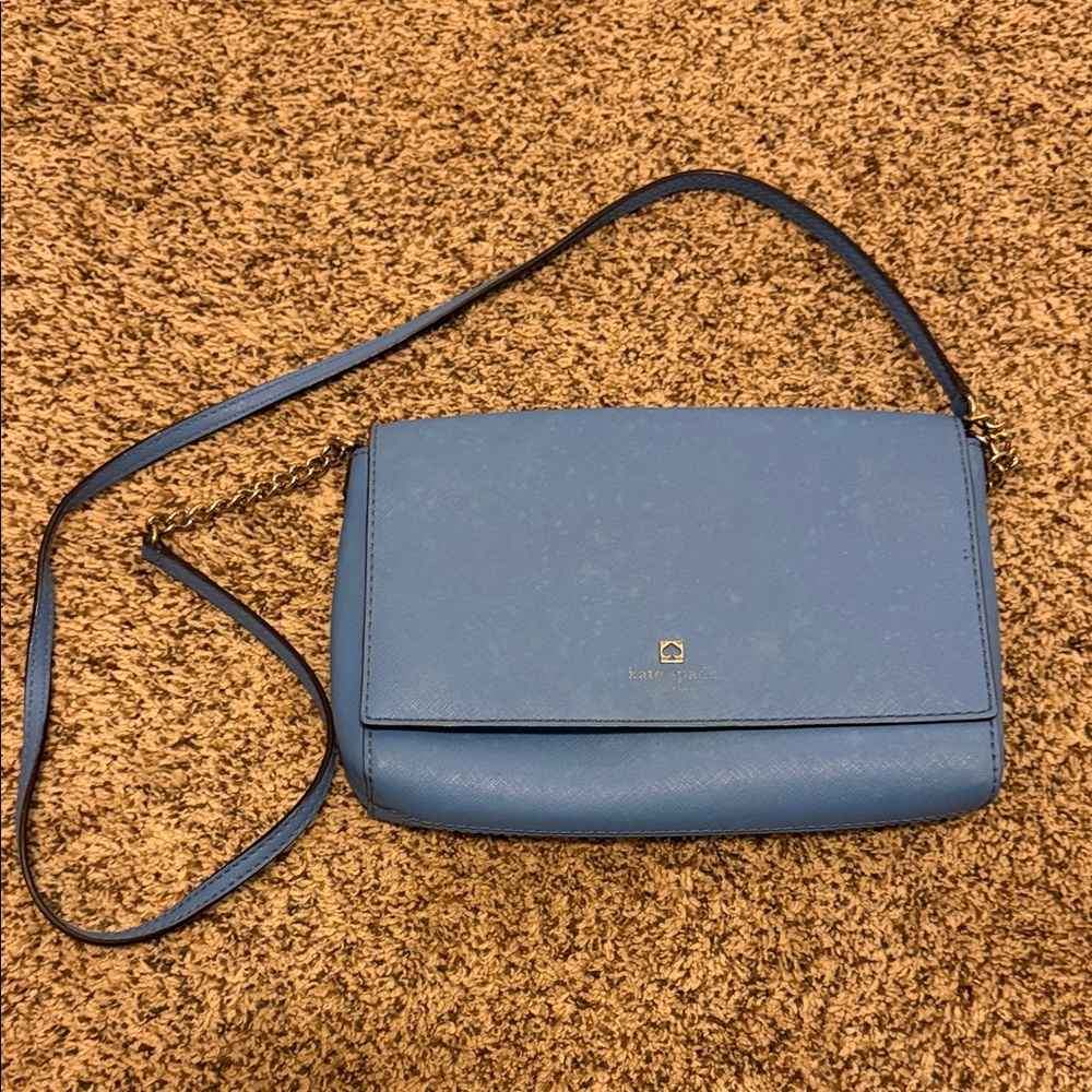 kate spade Blue Leather Flap Crossbody Bag with Chain Accent - stained
